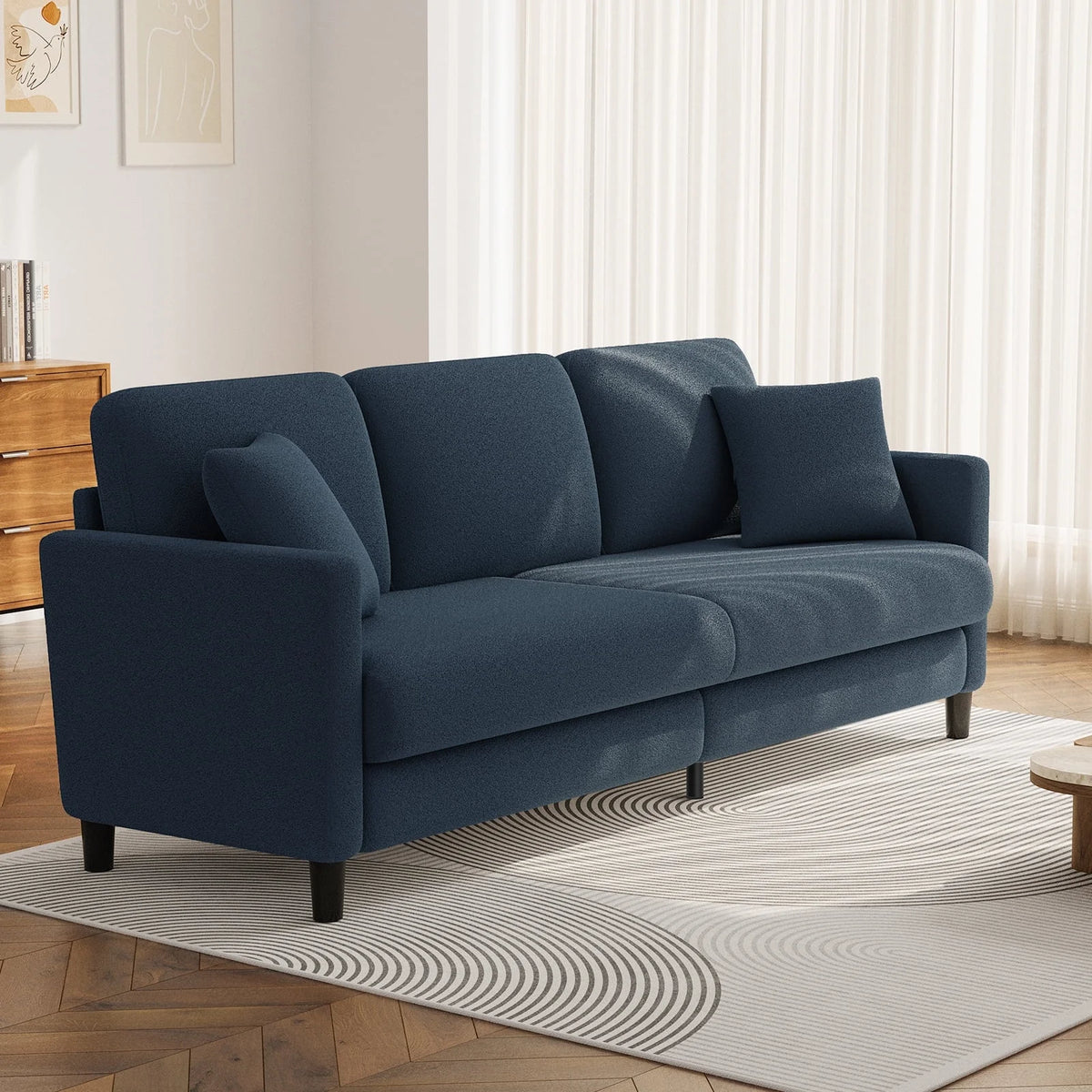 83" Comfortable Upholstered Sofa, 3 Seater Couch for Living Room, Neche Big Loveseat with Extra Deep Seats , 2 Pillows, Beige White