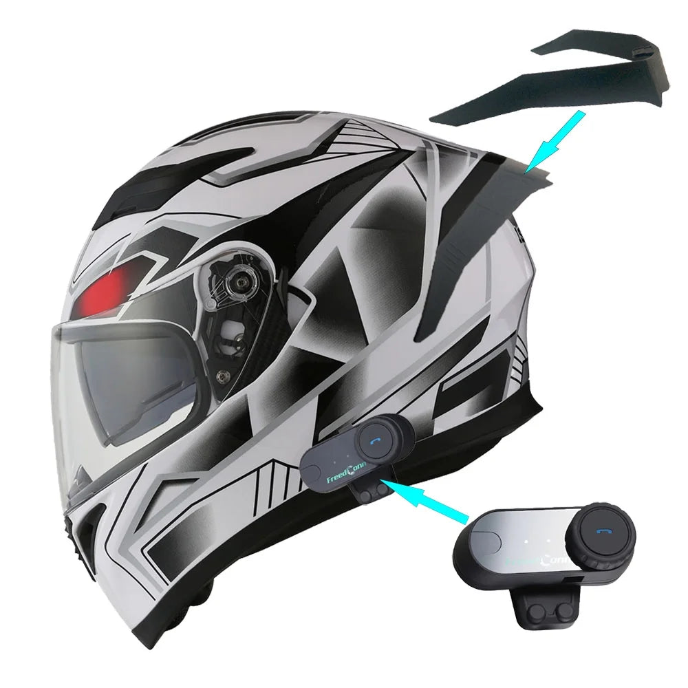 1Storm Motorcycle Modular Full Face Flip up Dual Visor Helmet + Spoiler + Motorcycle Bluetooth Headset: HJK316 Mechanic Red