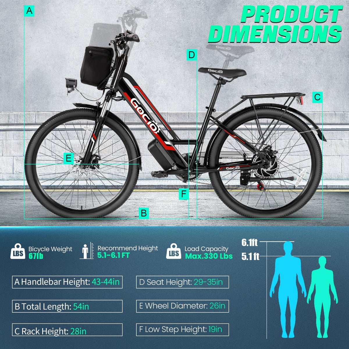 Gocio 26" Electric Bike for Adults, 500W Electric Cruiser Bike, 48V/7.8Ah Removable Battery, 7 Speed, City Commuting E-bike, UL2849