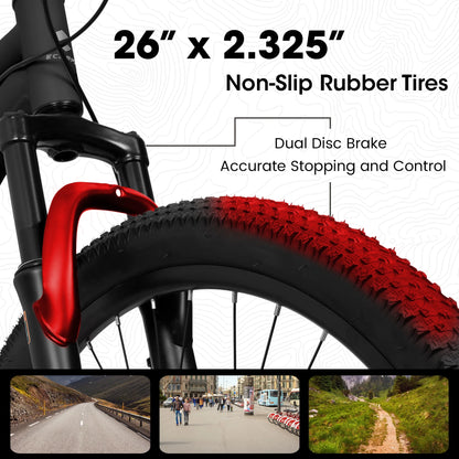26 Inch Mountain Bike, Dual Full Suspension 21-Speed Disc Brakes Thumb Shifter, Carbon Steel Frame Mountain Bike, Mens Womens Trail Commuter City Bicycles