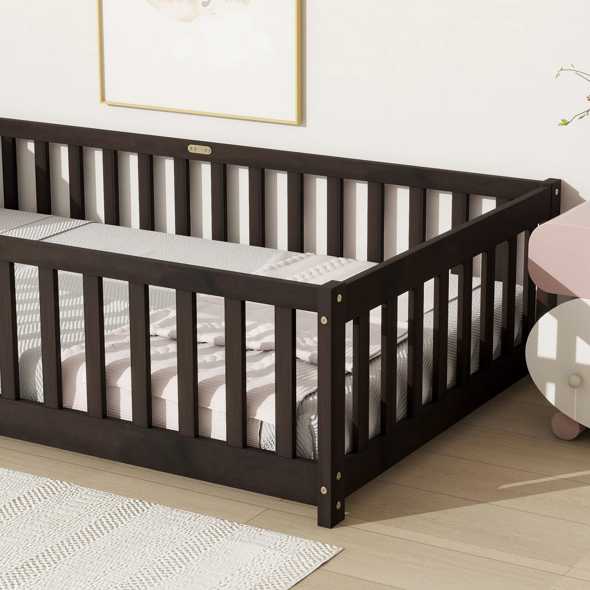 Miniyam Wooden Twin Size Floor Bed with Safety Fence for Kids, Natural
