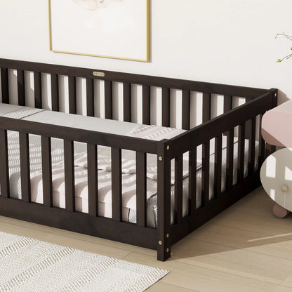 Miniyam Wooden Twin Size Floor Bed with Safety Fence for Kids, Natural