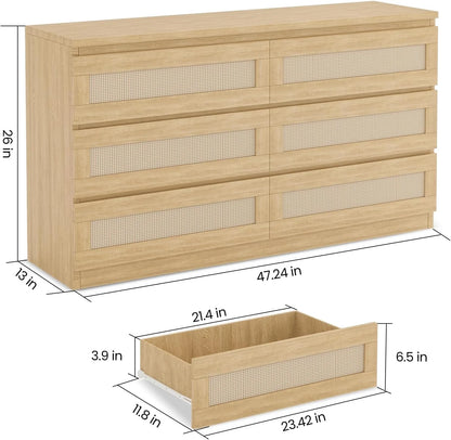 Jojoka 6-Drawers Rattan Dresser for Bedroom Chest of Drawers, TV Stand for 55" TV, Wood Top Storage Organizer Cabinet for Living Room, Entryway, Hallway, Natural