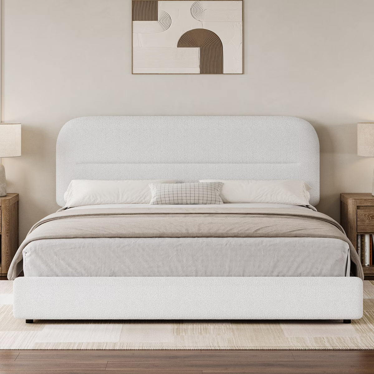 4 EVER WINNER Queen Bed Frame with Headboard, Boucle Upholstered Platform Bed Frame wiith Rounded Corner, Soft Cloud Bed Frame, No Box Spring Needed, White