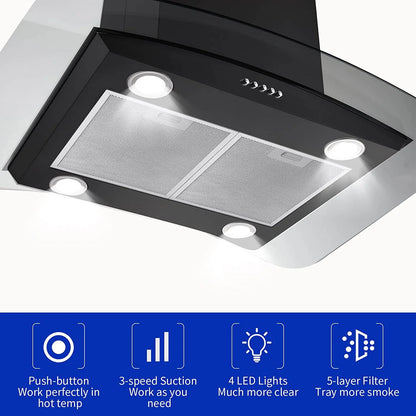 Island Range Hood 30-inch Kitchen 3-Speed Extractor Fan Vent Hood Airflow 900CFM