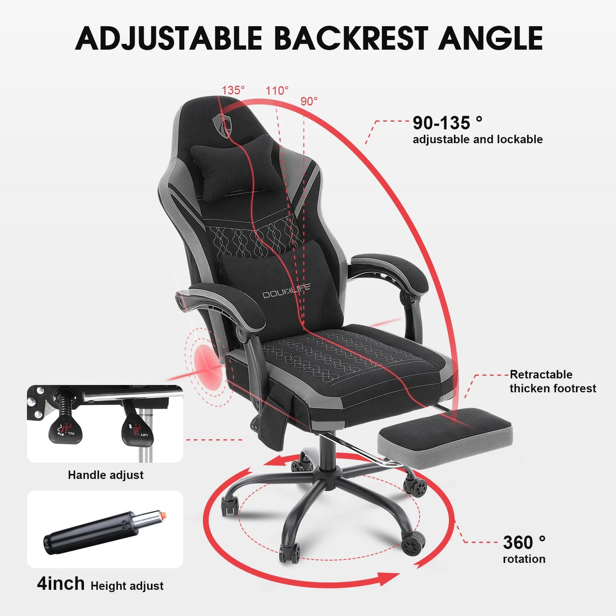 Douxlife Massage Gaming Chair, Spring Cushion, Breathable Fabric Gaming Chair with Footrest, Ergonomic Computer Chair for Adults & Kids
