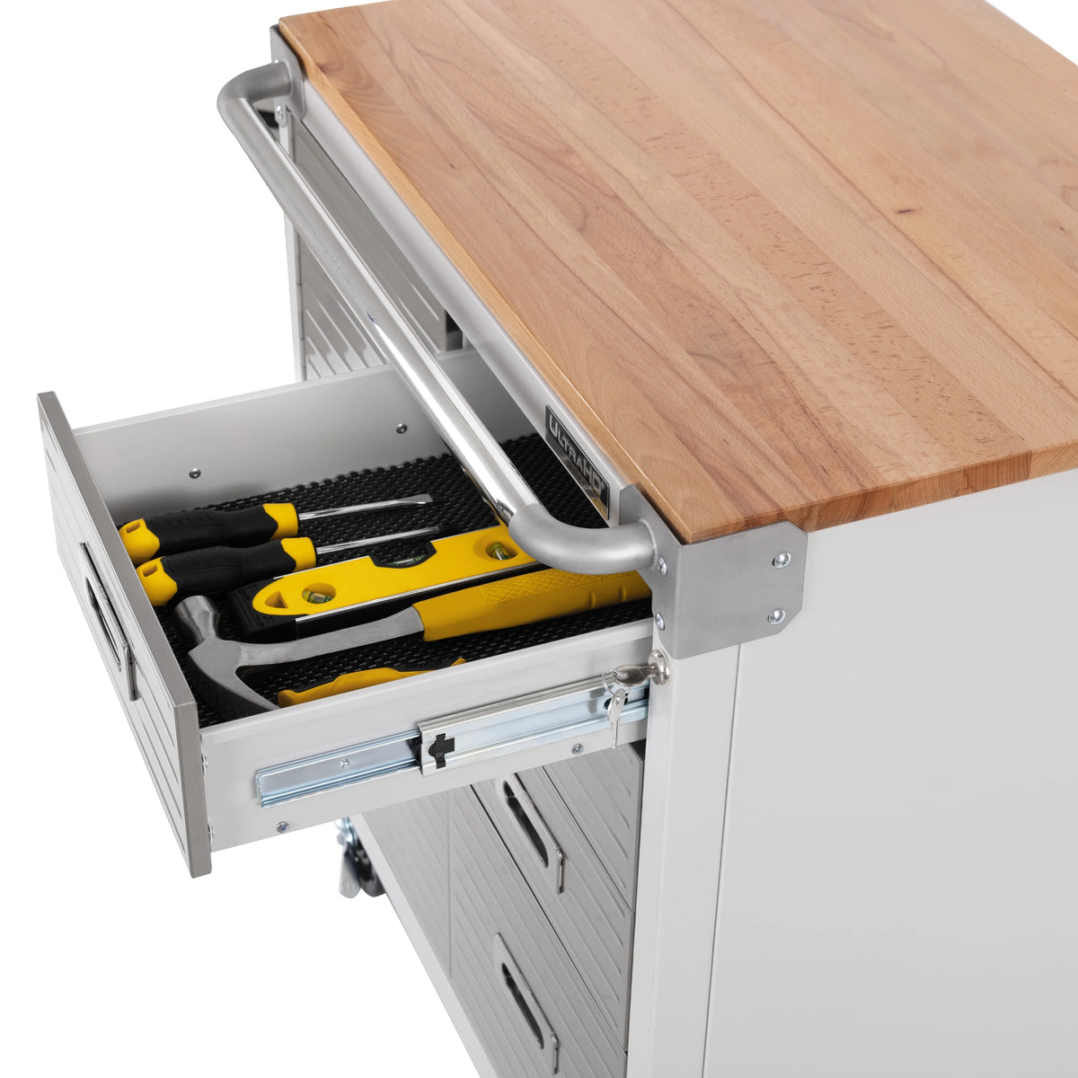 Seville Classics UltraHD® Heavy Duty Rolling Cabinet Workbench Table w/ Solid Wood Top, Workstation for Garage, Office, Workshop, Granite, 1-Door, 4-Drawer (28" W x 25" D)