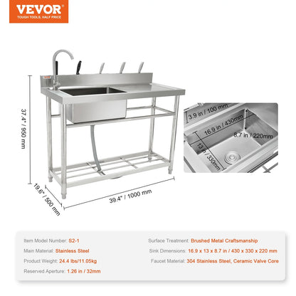 VEVOR Stainless Steel Utility Sink, 1 Compartment Free Standing Small Sink w/Workbench Faucet & legs, 39.4 x 19.1 x 37.4 in Commercial Single Bowl Sinks for Garage, Restaurant, Laundry,NSF Certified