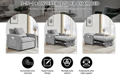 Muumblus Sleeper Sofa Chair Bed, 3-in-1 Convertible Sofa Chair with Pull Out Bed, Modern Adult Velvet Pull Out Sofa Bed for Living Room Apartment Small, Gray