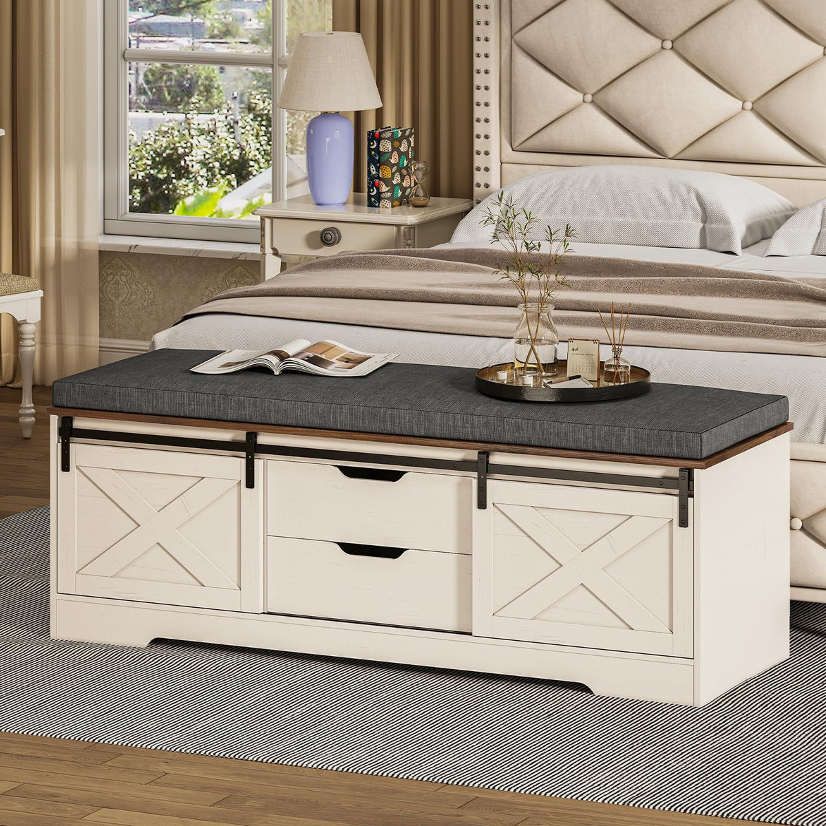 Farmhouse Storage Bench with Cushion, 31.4in Shoe Cabinet with Metal Barn Door and Half Hidden Storage Space for Entryway, Bedroom, Living Room, Old White