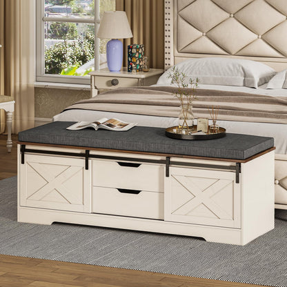 Farmhouse Storage Bench with Cushion, 31.4in Shoe Cabinet with Metal Barn Door and Half Hidden Storage Space for Entryway, Bedroom, Living Room, Old White
