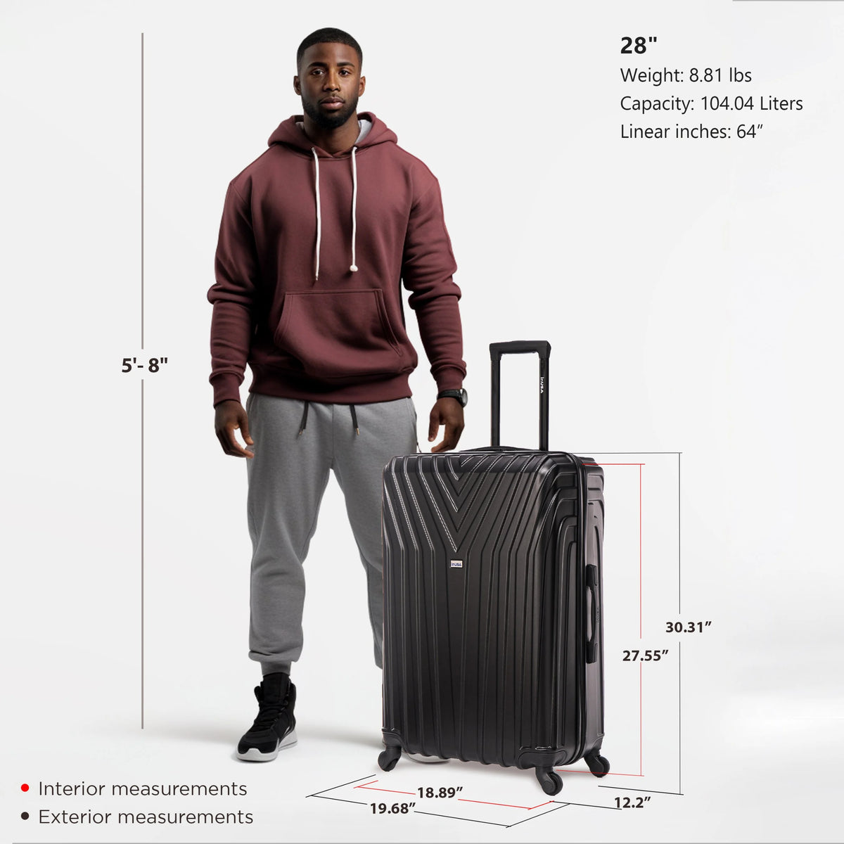 InUSA Vasty 28" Hardside Lightweight Luggage with Spinner Wheels, Handle, and Trolley, Gray