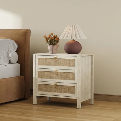 Surmoby Oak Boho 3-Drawer Nightstand Set of 2 - Extra Wide Storage Night Stand with Gold Handles Large&Tall Bed Side Table for Bedroom Living Room Enterway