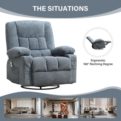 JONPONY Massage Swivel Rocker Recliner Chair with Vibration Massage and Heat Ergonomic Lounge Chair for Living Room with Rocking Function and Side Pocket, 2 Cup Holders, USB Charge Port,Grey