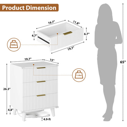 GIKPAL Night Stands for Bedroom, Modern Bedside Table with 3 Drawers & Charging Station,Fluted Panel End Tables for Bedroom  & Living Room, Natural