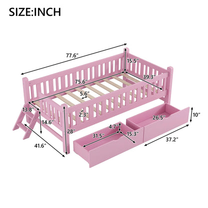Euroco Wood Twin Size Platform Bed with 2 Drawers and Ladder for Kids and Toddlers, White