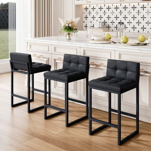 FIRAVOE Bar Stools Set of 3, Counter Height Bar Stools (Low Back)(Thickened Frame) 26" PU Leather Barstools Bar Chairs for Kitchen Island, Black