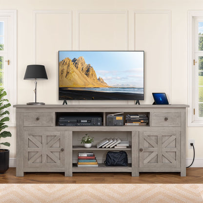 Uforic Farmhouse TV Stand for 75/80 Inch TV, Rustic Entertainment Center with Power Outlet, Storage Drawers, TV Console for Living Room, Oak