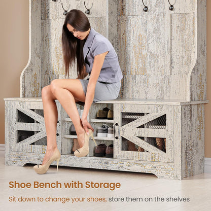 Hall Tree with Coat Rack and 16 Shoe Cubbies, 5-in-1 Entryway Bench with Bench and Shoe Storage, Barn Door & Adjustable Shelf, Embossed White