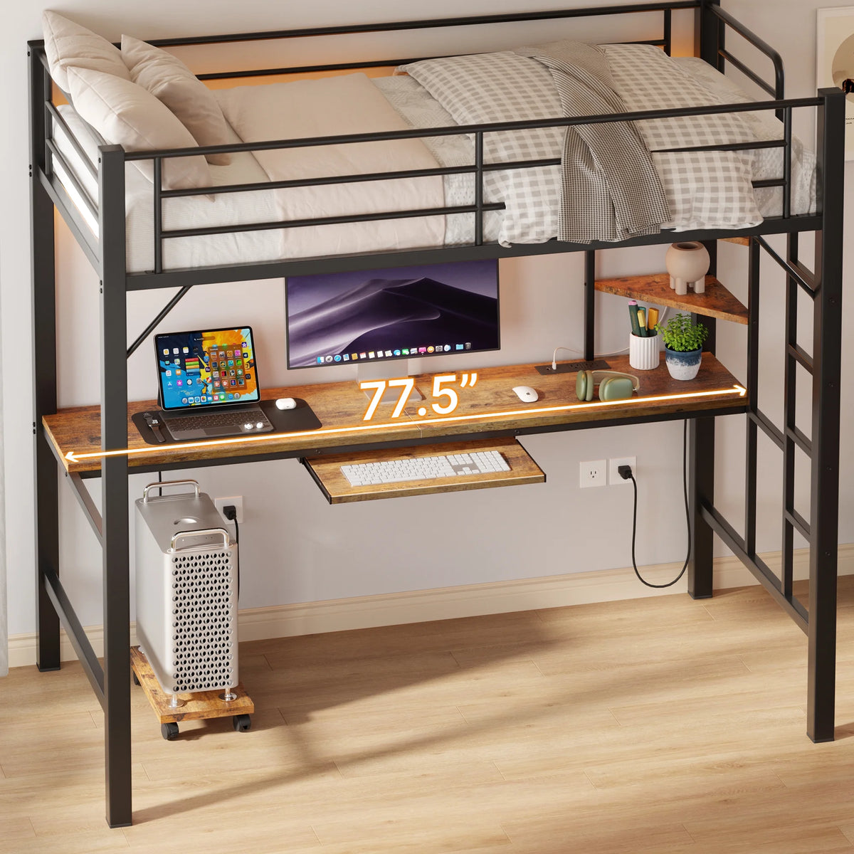 Lofka Twin Loft Bed with L-Shaped Desk, RGB Lights & Charging Station, 400lb Capacity Metal Frame, 3 Shelves & 2 Drawers, Easy Assembly��White