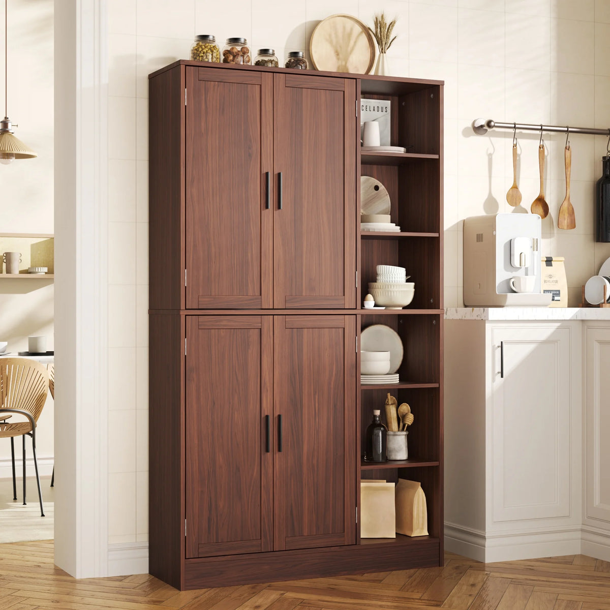 63" Tall Kitchen Pantry, Kitchen Pantry Cabinet with 4 Doors and Adjustable Shelves, Storage Cabinet for Dining Room, Laundry Room, Oak