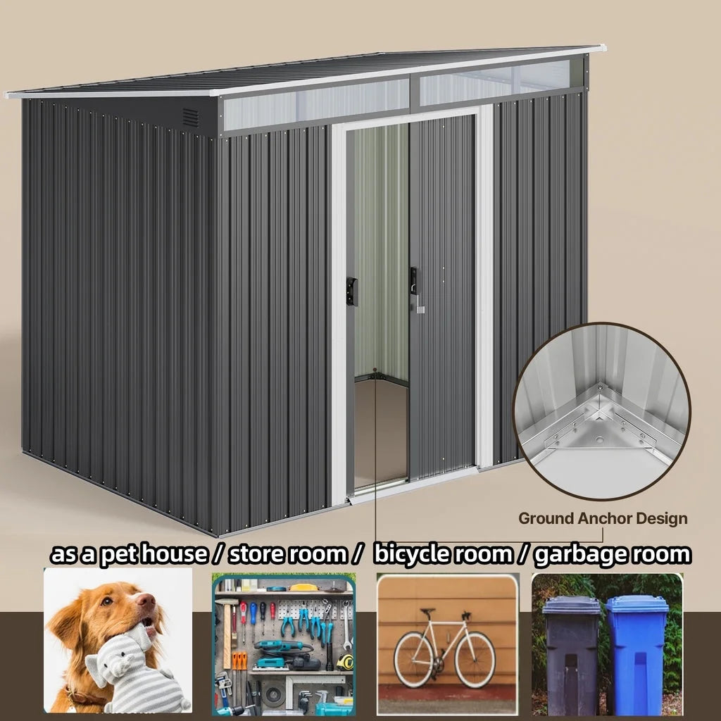 Aiho 8x6 FT Metal Storage Shed, Sheds & Outdoor Storage with Sliding Doors, Galvanized Steel Garden Shed for Bike Storage, Tool Storag - Gray