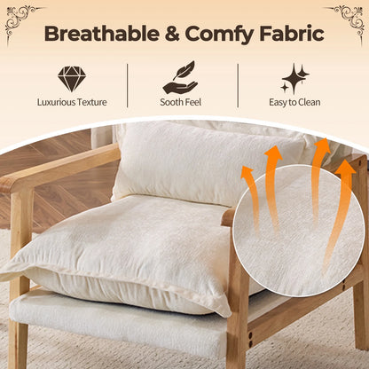 Ktaxon Chenille Accent Chair, Solid Wood Armrests Armchair, Metal Frame for Stability, Single Sofa with Comfortable Cushions and Lumbar Pillow Beige