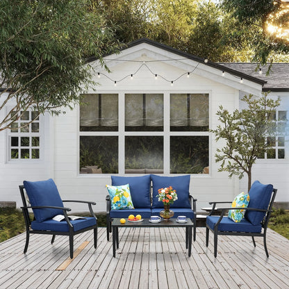 JOYURE 4 pieces Patio Furniture Set w/loveseat,Coffe Table,Outdoor Conversation Metal Sofa with High Back and Thick Cushion,for Backyard,Garden,Beige