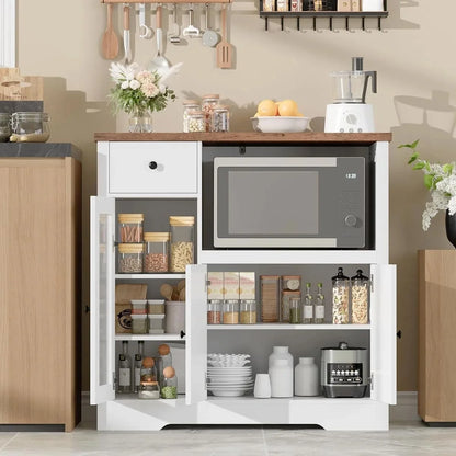 Kitchen Microwave Cabinet with Storage,Buffet Sideboard with 3 Doors, 1 Drawer & Adjustable Shelves, Pantry Storage Cabinet, White