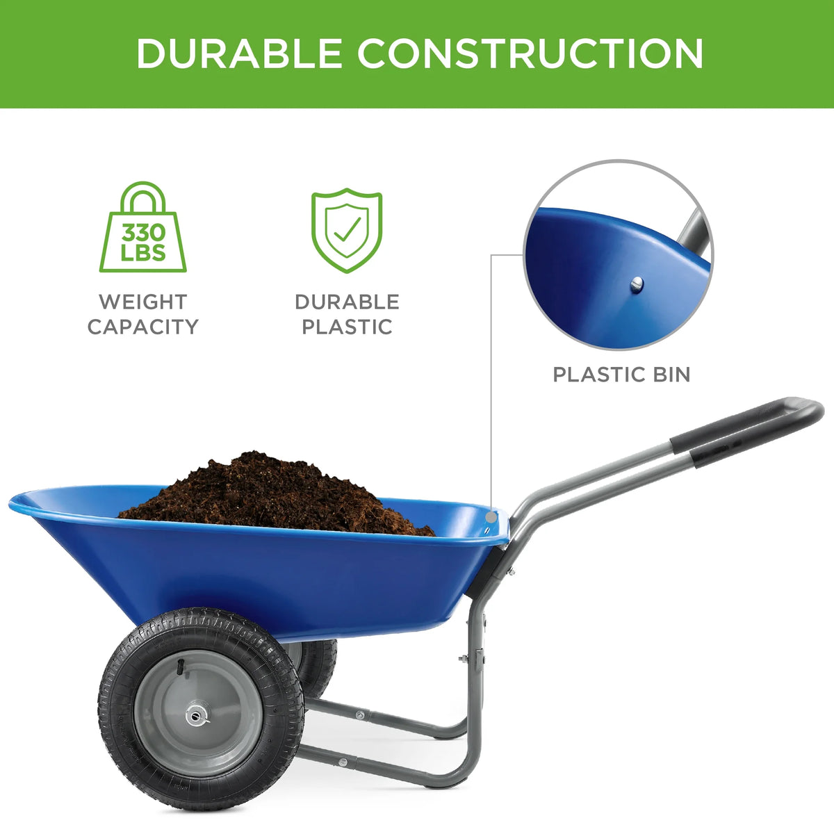 Best Choice Products Dual-Wheel Home Wheelbarrow Yard Garden Cart for Lawn, Construction - Green