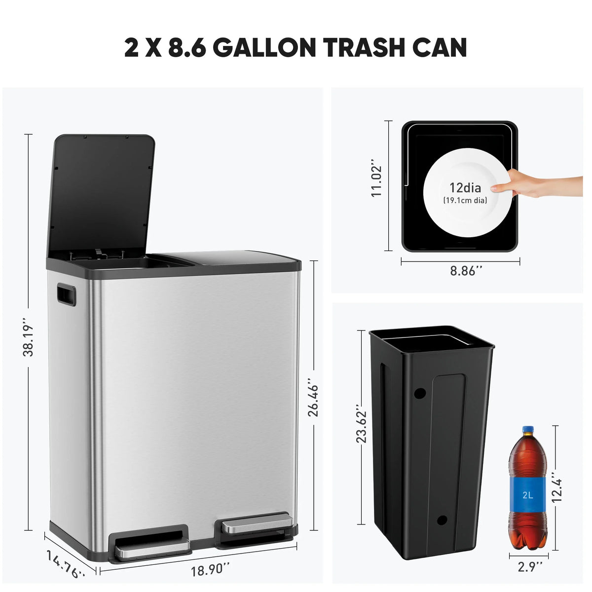 EDX 2 x 8.3 Gallon Dual Garbage Recycle Trash Can with Lid, Inner Buckets for Kitchen, Stainless Steel, Sliver