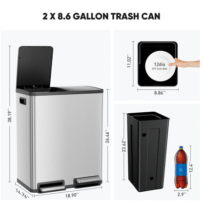 EDX 2 x 8.3 Gallon Dual Garbage Recycle Trash Can with Lid, Inner Buckets for Kitchen, Stainless Steel, Sliver