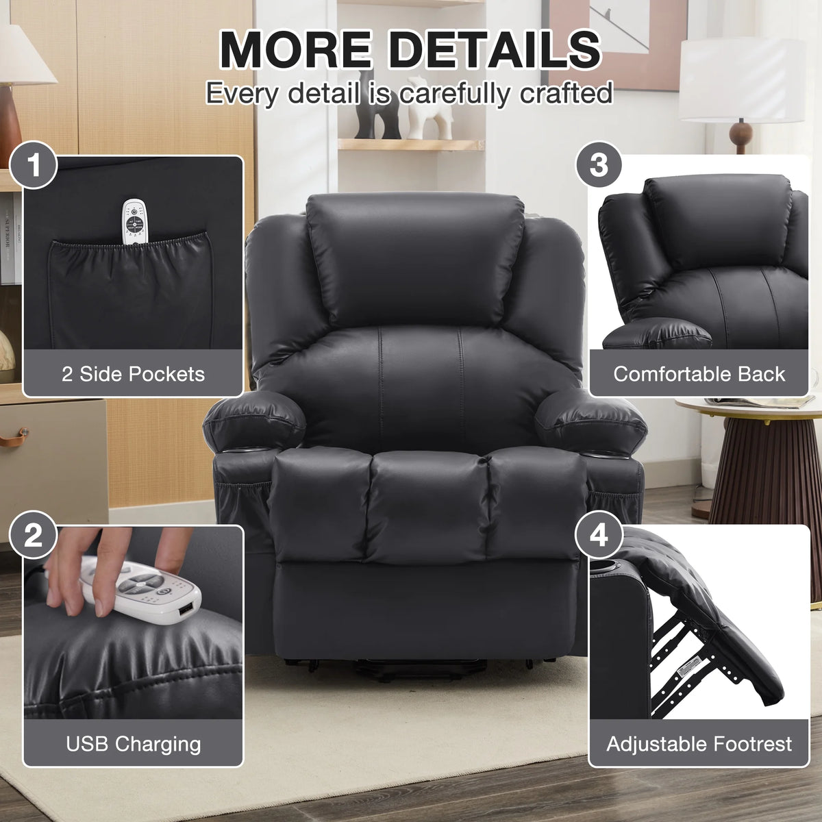 JONPONY Power Lift Recliner Chair Recliners for Elderly with Heat and Massage Recliner Chair for Living Room with Infinite Position and Side Pocket,USB Charge Port,Black