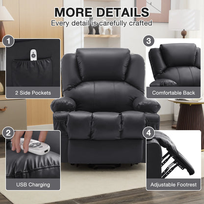 JONPONY Power Lift Recliner Chair Recliners for Elderly with Heat and Massage Recliner Chair for Living Room with Infinite Position and Side Pocket,USB Charge Port,Black