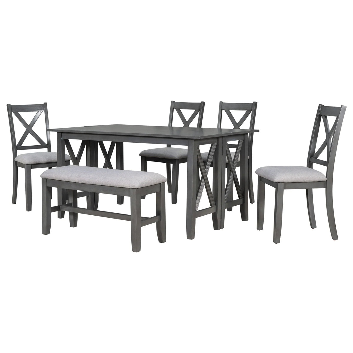 HANSHE Dining Table Set for 6, Farmhouse Dining Table Set with Foldable Table, Bench & 4 Chairs, Kitchen Table Sets with Chairs, Dining Room Set for Home Apartment Dorm, Gray