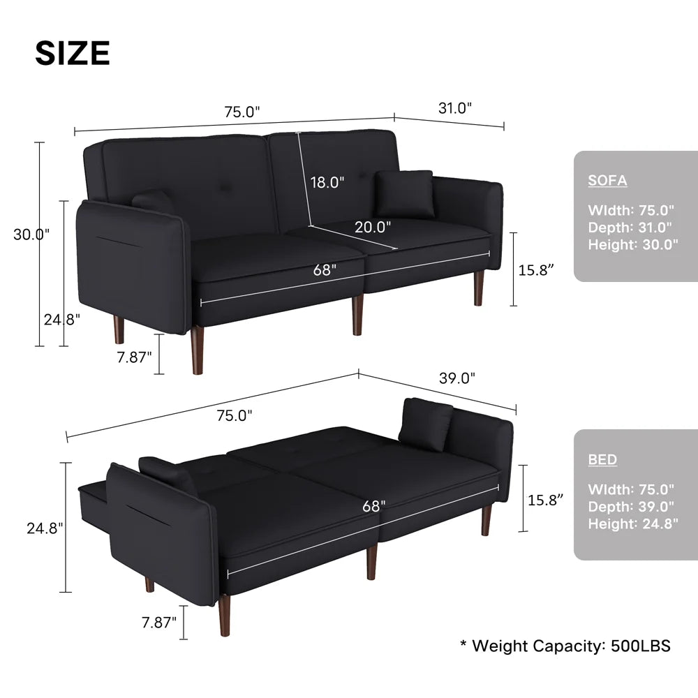 Convertible Futon Sofa Bed, 75�� Fabric Futon Couch with Adjustable Backrest, Folding Futon Sleeper Recliner for Living Room Furniture (White)
