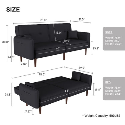 Convertible Futon Sofa Bed, 75�� Fabric Futon Couch with Adjustable Backrest, Folding Futon Sleeper Recliner for Living Room Furniture (White)