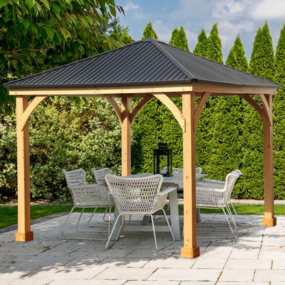 Aoodor 10 x 12 ft Wooden Frame Gazebo with 2-Tier Galvanized Metal Hardtop Roof, Outdoor Patio Gazebo with Charging Socket for Patio, Backyard, Deck, and Lawn