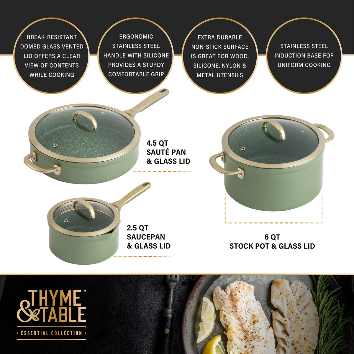 Thyme & Table 12-Piece Non-Stick Supreme Cookware Set, Pots and Pans Set - Cream