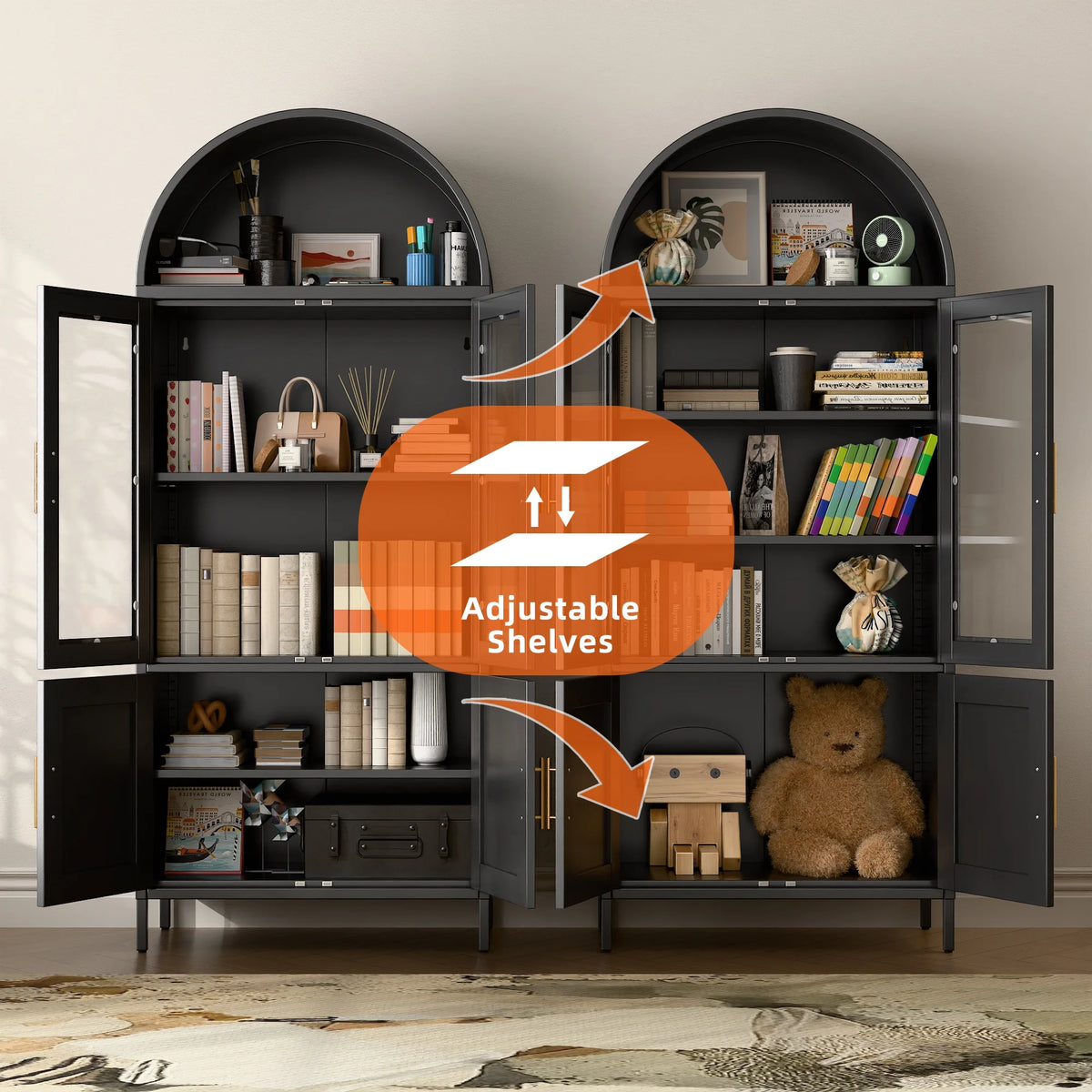 SUPEER Metal Arched Storage Display Cabinet with Glass Doors and Adjustable Shelves, Lockable Cabinet, Assembly Required, Black