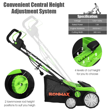 IronMax 13Amp Corded Scarifier 15" Electric Lawn Dethatcher w/50L Collection Bag Orange