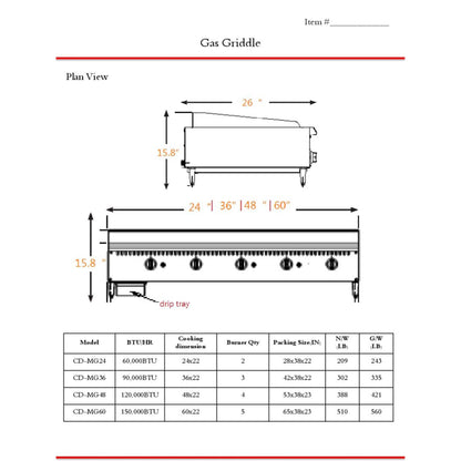 NSF 36 in. Commercial Griddle 90,000BTU Gas Griddle, 3 Burner Heavy-Duty Stainless Steel Countertop Griddle