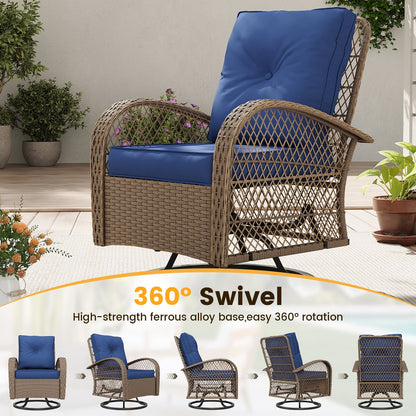 ELPOSUN 3 Pieces Patio Furniture Set, Outdoor Swivel Gliders Rocker, Wicker Patio Bistro Set with Rattan Rocking Chair, Glass Top Side Table and Thickened Cushions for Porch Deck Backyard
