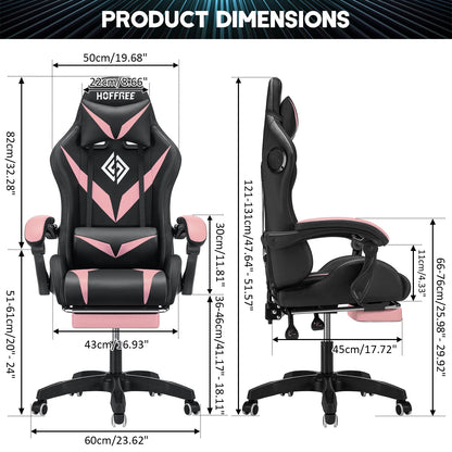 Hoffree Gaming Chair with Speakers PU Leather Office Chair with Footrest and LED Lights Ergonomic Gamer Chair with Massage Lumbar Support and Headrest Adjustable Swivel for Home Office 300lb