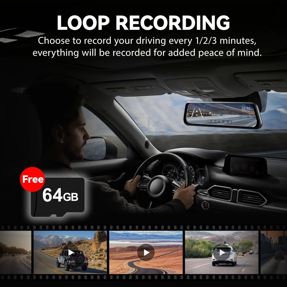 WolfBox 10" Touch Screen Dash Cam Front and Rear, 4K+1080P Rear View Mirror Backup Car Camera with Night Vision, GPS, Free 64GB Card