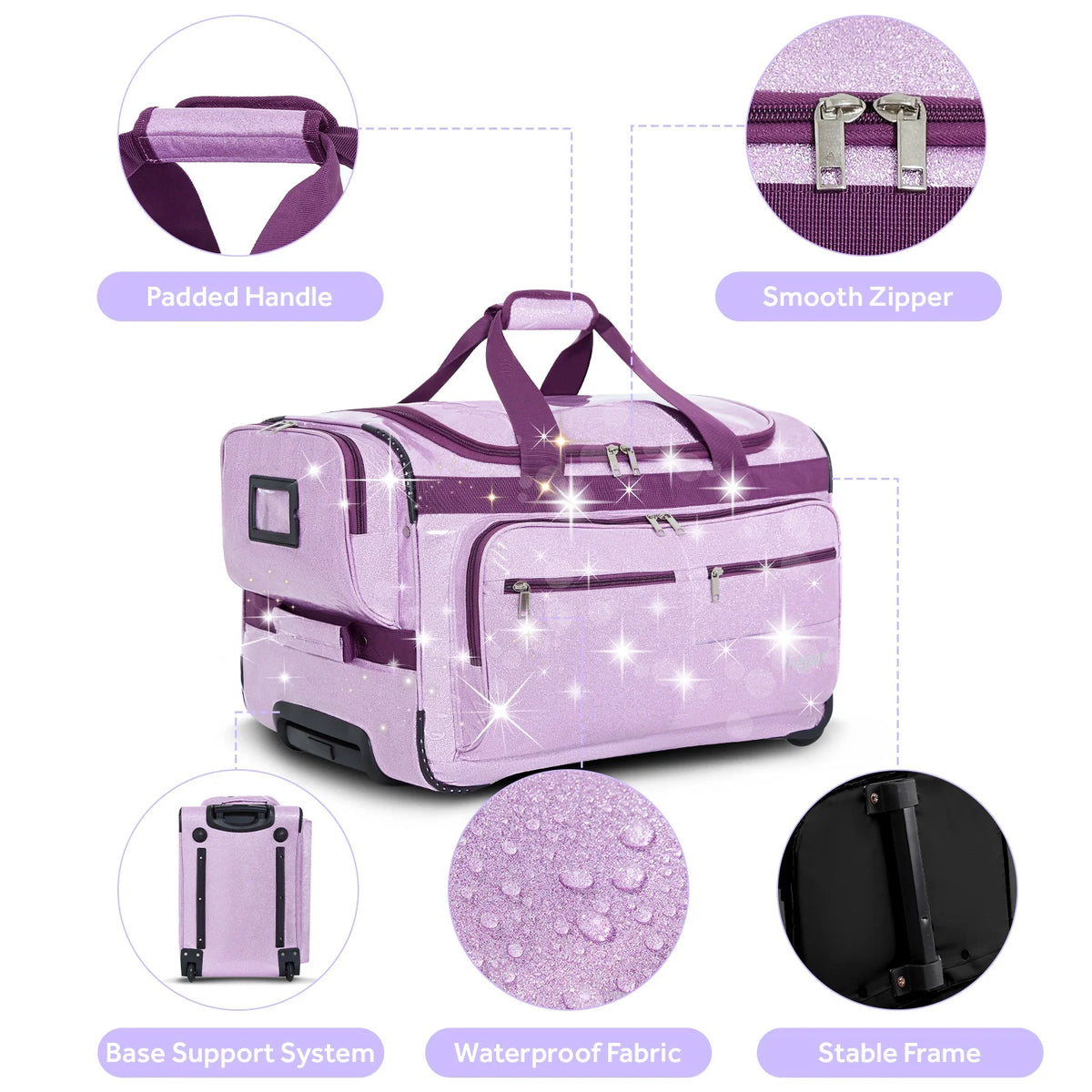 Fegat Dance Bag with Garment Rack,23"Glitter Bright Rolling Dance Duffel Bag Lightweight Competition Bag Costume Suitcase for Dancers Performer Artist, Shine Glitter Purple