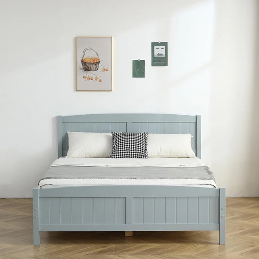 Zimtown Queen Bed Frame,Solid Pine Wood Kids Twin Platform Bed Frame, Bedroom Queen Bed with Headboard for Adults, Gray