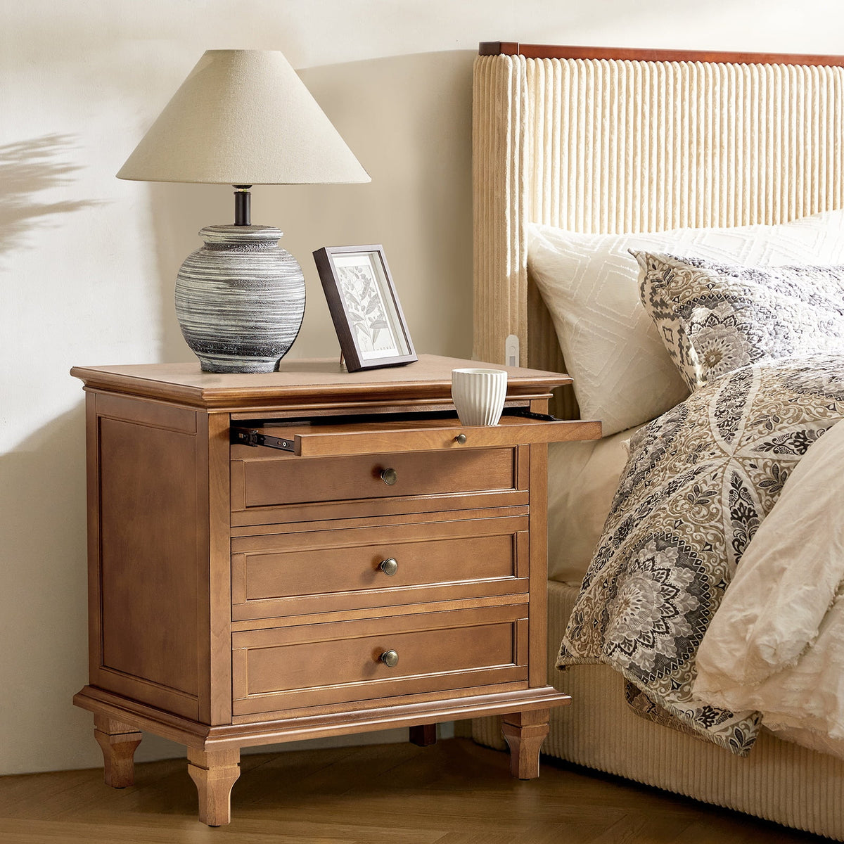 Farmhouse 3 Drawers Nightstand with Tray Bedside Table with Charging Station Acorn