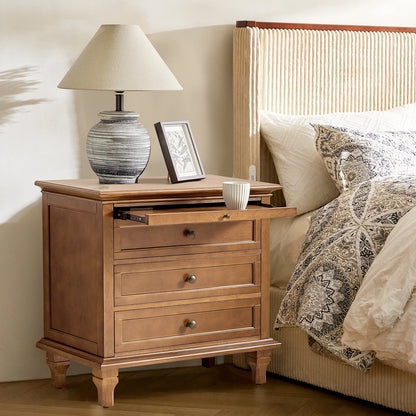 Farmhouse 3 Drawers Nightstand with Tray Bedside Table with Charging Station Acorn