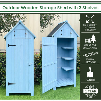 Hanover Sturdy Durable Waterproof Wood Outdoor Vertical Storage Shed, 70.40"x 30.30"x21.30", Blue